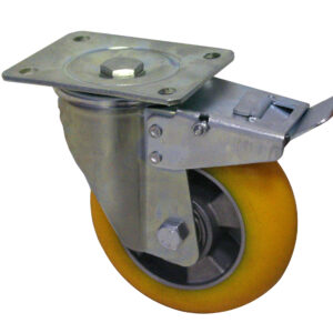 Ruota  alluminio poliuretano battistrada bombato d. 100x40- Supporto girevole freno anteriore