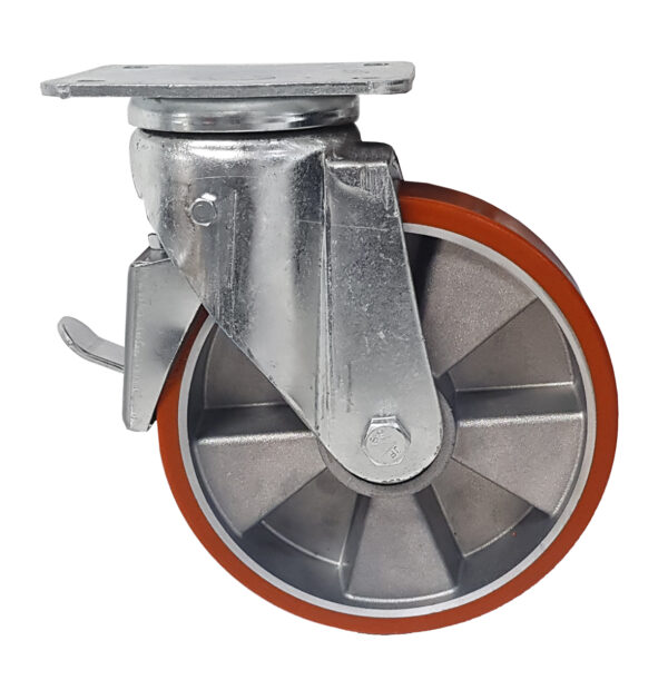 Ruota ø cm 8 Supporto Girevole a Piastra con Freno in Poliuretano (Cerchi Alluminio) | Portata 150 kg - immagine 3