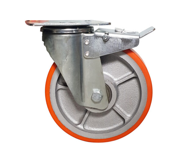 Ruota ø cm 12.5 Supporto Girevole a Piastra con Freno in Poliuretano (Cerchio Ghisa) | Portata 180 kg - immagine 3