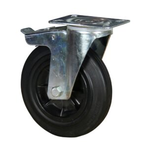 Ruota ø cm 10 Supporto Girevole a Piastra con Freno in Gomma Nera Industriale (Cerchio Polipropilene) | Portata 70 kg