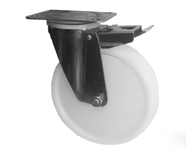 Ruota Nylon Bianco ø100x30 con parafili Girevole con Freno Inox