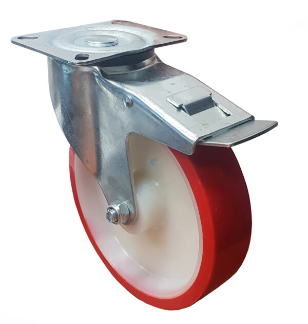 Ruota nylon poliuretano 125x35 - Supporto Rotante con Freno Acciaio inox